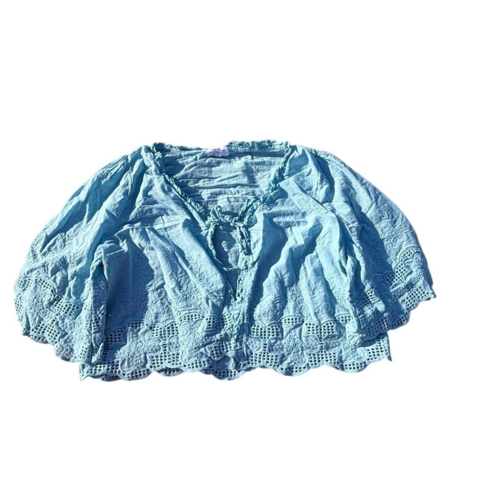Anniewear Los Angles Tie Front Embroidered Top - Light Blue - Size XL